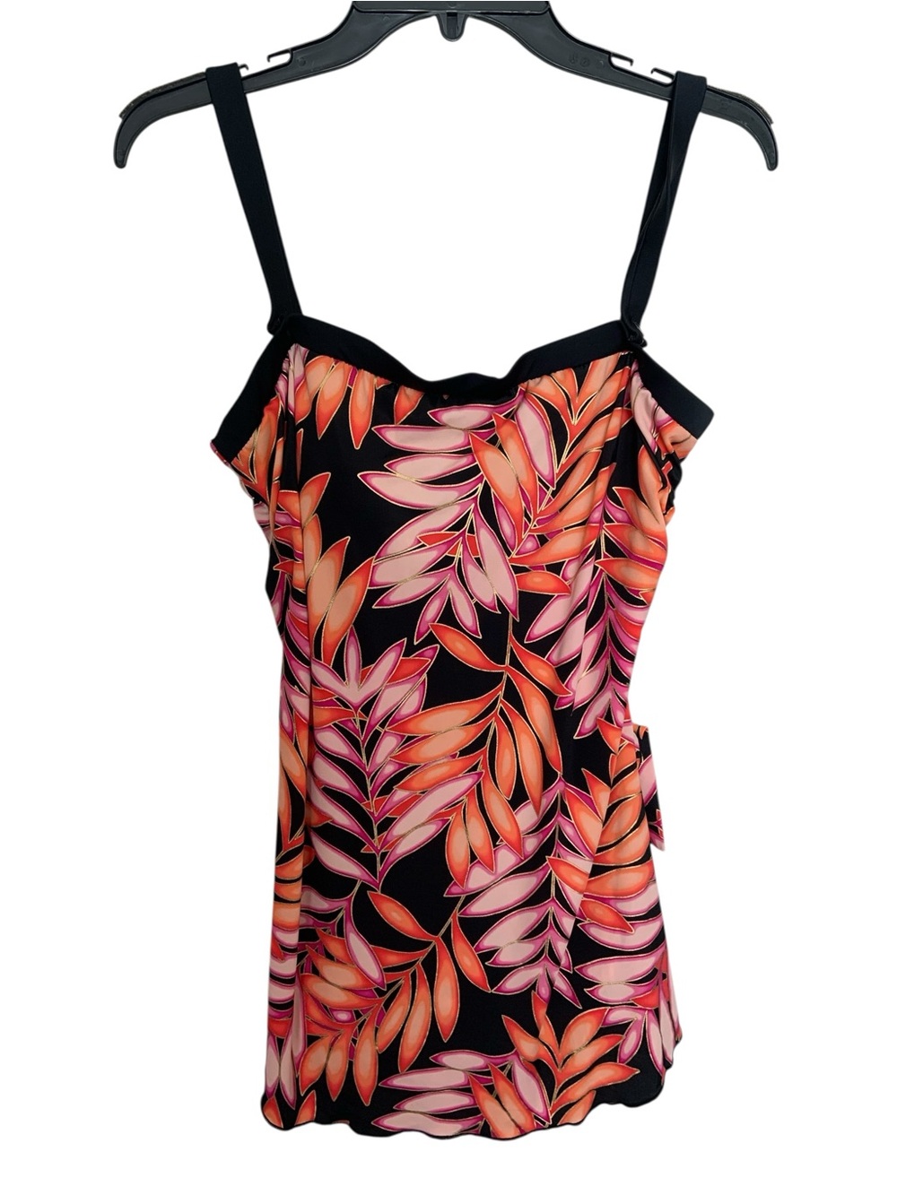 Maxine of Hollywood Black One Piece Pink Orange Leaf Print Swimsuit Vacation